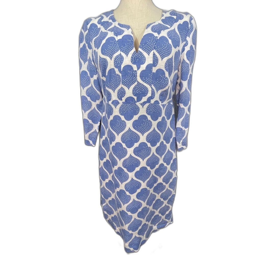 Boden Geometric Tile Linen Shift Tunic Dress 8L Blue White Tall Preppy Resort